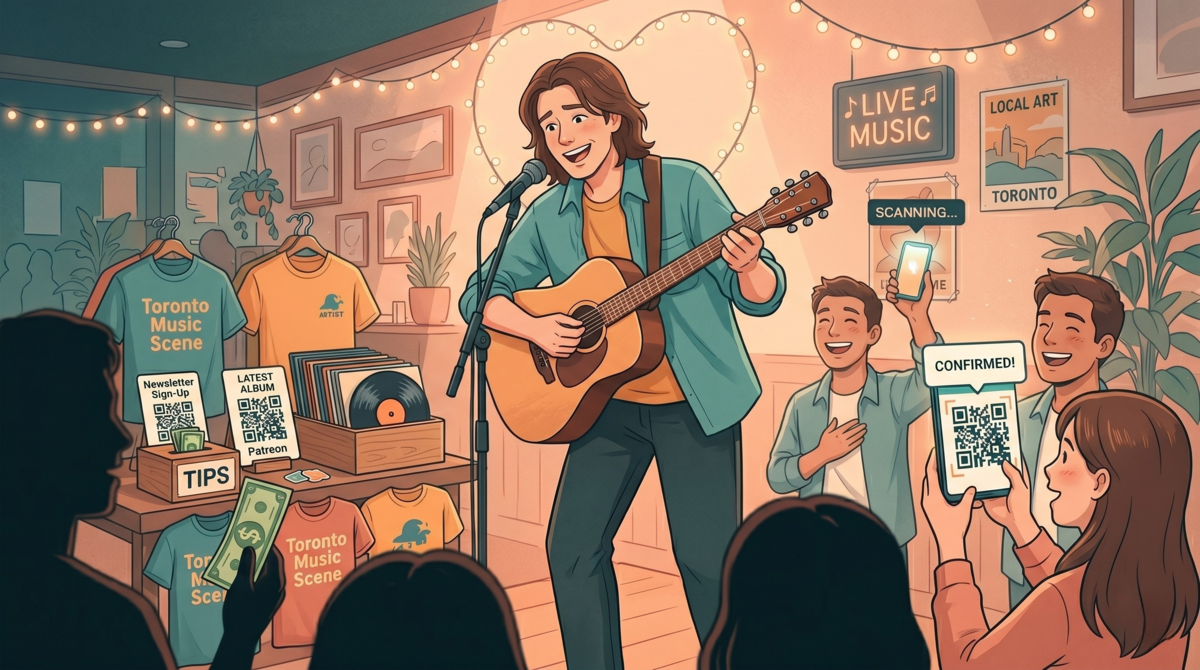 A confident musician on stage gesturing to a QR code on the merch table — asking for tips as a natural part of the show, not an apologetic interruption