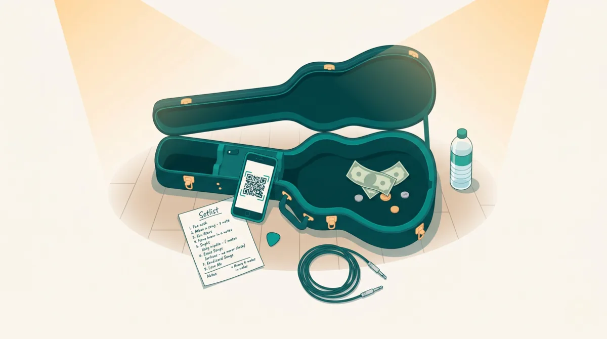 An open guitar case with a QR code tip page ready for a live performer