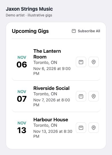 Jaxon Strings Music demo calendar, showing illustrative upcoming gigs, Subscribe All and calendar buttons
