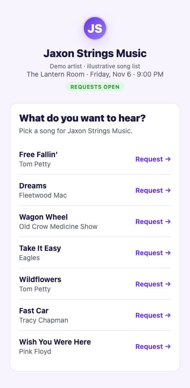 Jaxon Strings Music demo Song Requests page, showing Requests open and an illustrative song list