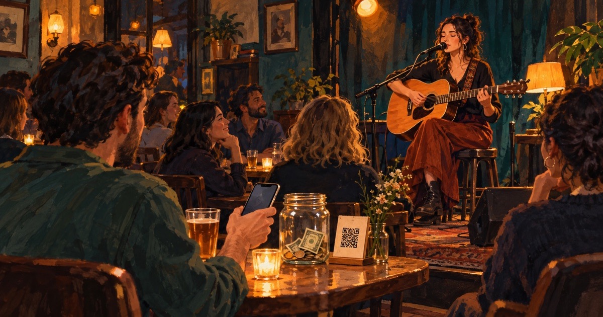 Editorial illustration of a musician performing in a small pub, with an audience member using a phone beside a QR sign and physical tip jar