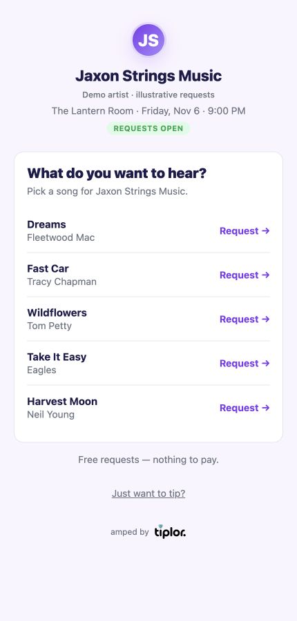 Tiplor fan Song Requests screen for fictional Jaxon Strings Music, showing Requests open and five songs available to request.