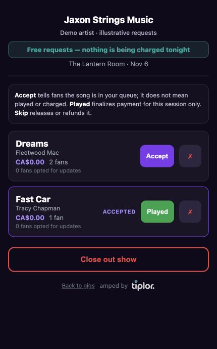 Tiplor Stage screen for fictional Jaxon Strings Music: Dreams has Accept and Skip controls; Fast Car is Accepted with Played and Skip controls.