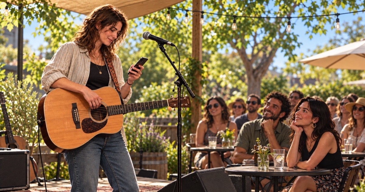 Illustration of an acoustic musician reviewing song requests on a phone at an outdoor summer gig