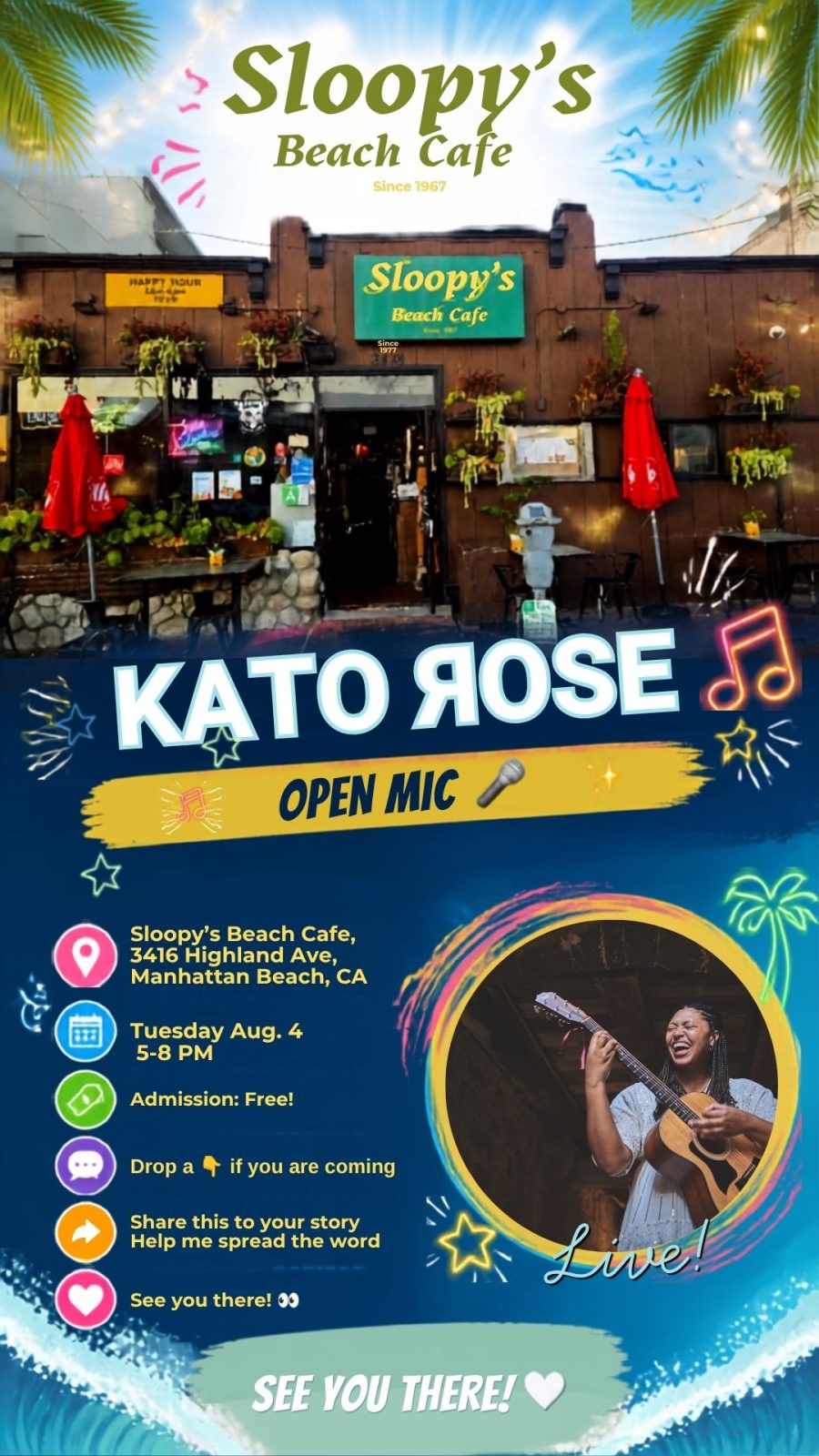 Official poster for Carrie Dietz Brown presents Daughter's Music Night Open Mic · KatoЯose at Sloopy's Beach Cafe