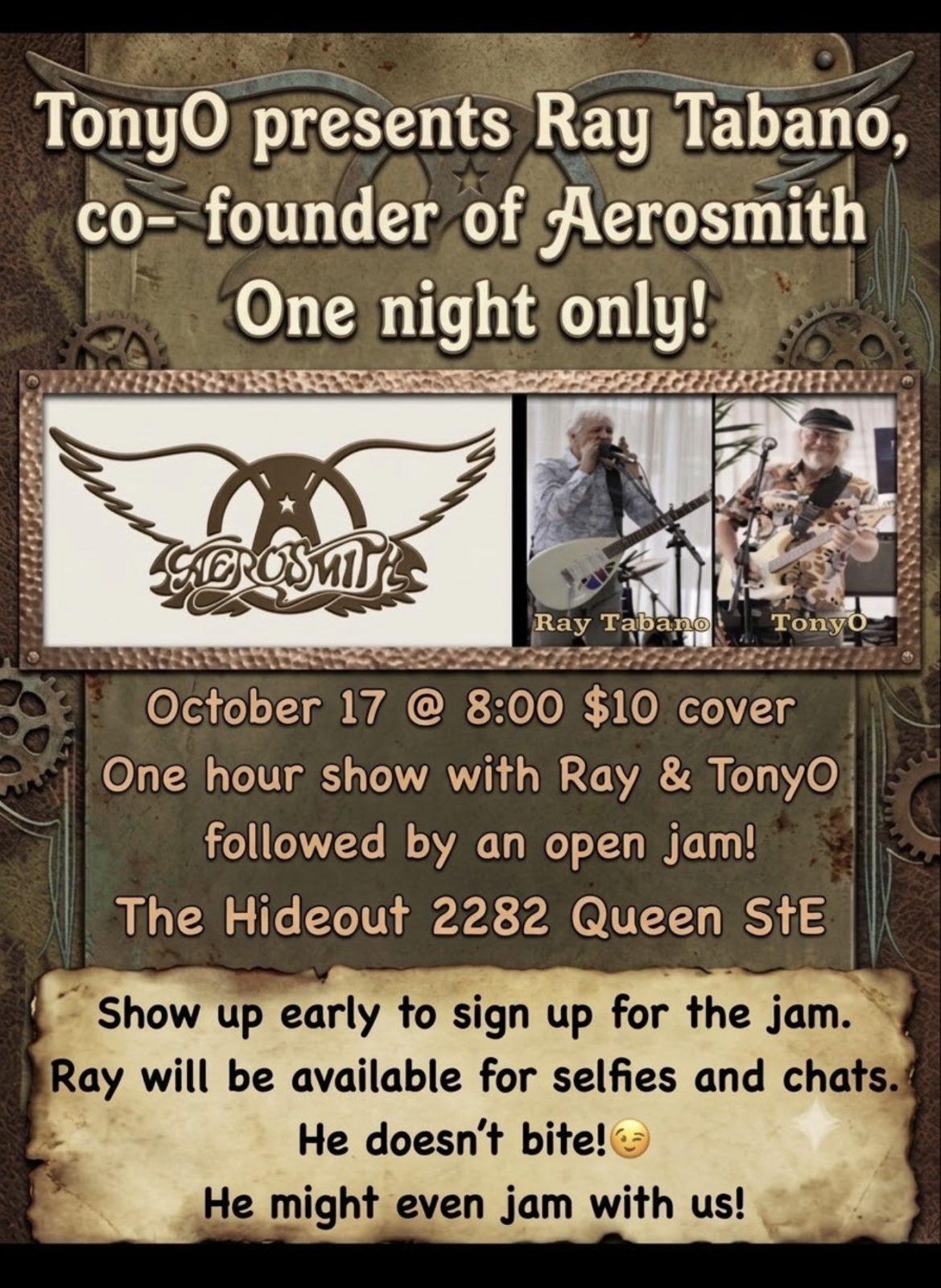 Official poster for One hour set with Aerosmith's Ray Tabano followed by an open Mike/jam session. · TonyO's Music at The Hideout
