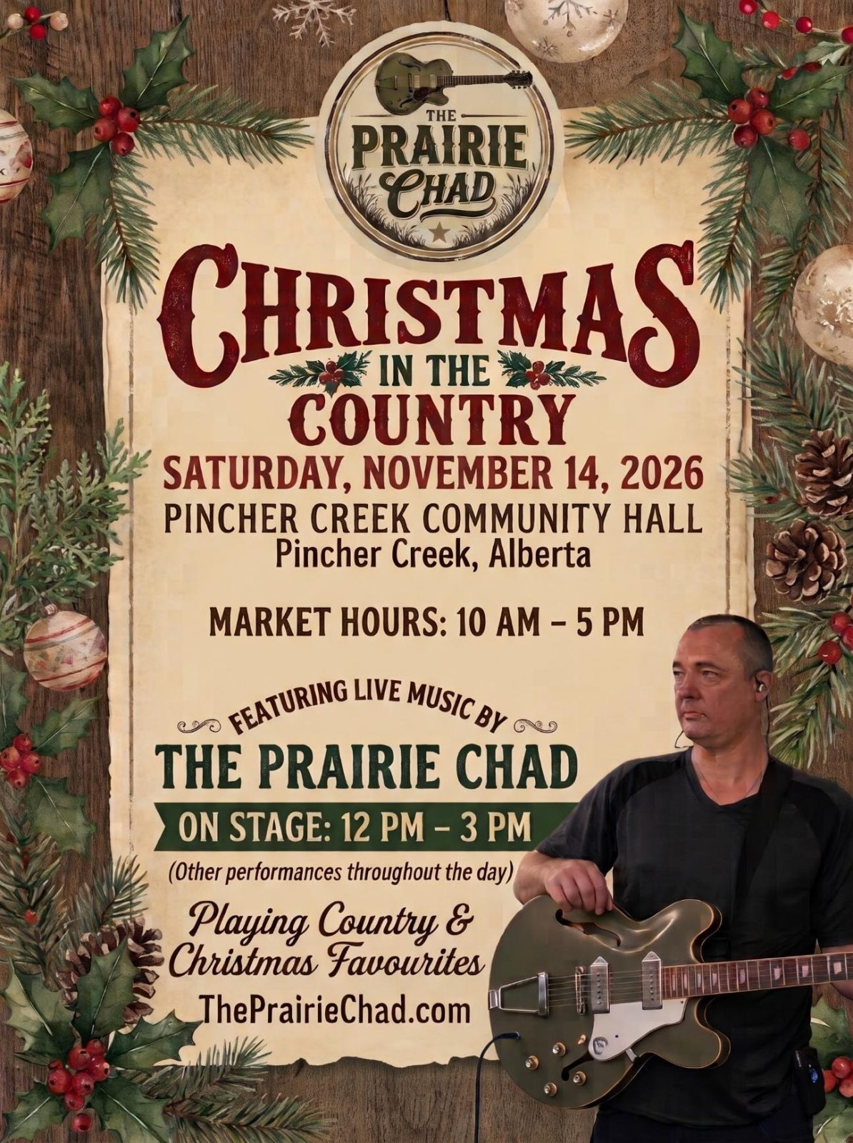 Official poster for Christmas in the Country · The Prairie Chad at Pincher Creek Community Hall